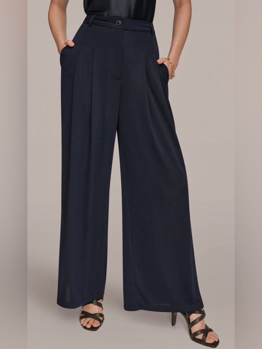 Donna Karen New York Pleated Knit Pant Wide Leg Trousers Nightfall Navy Large L